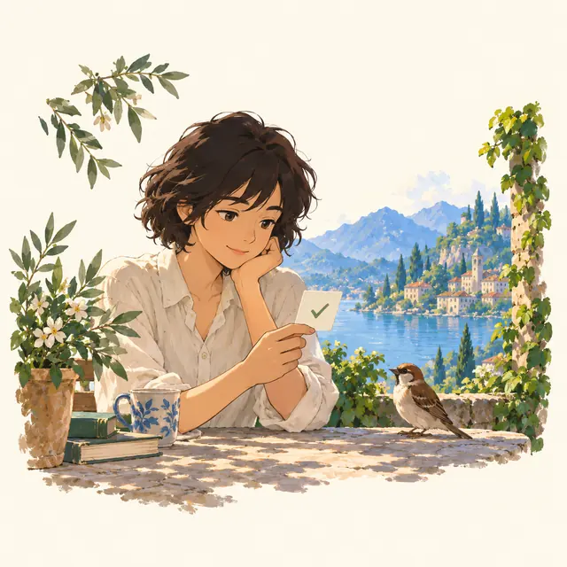 A person at a terrace table holding a card marked with a green check, a sparrow watching.