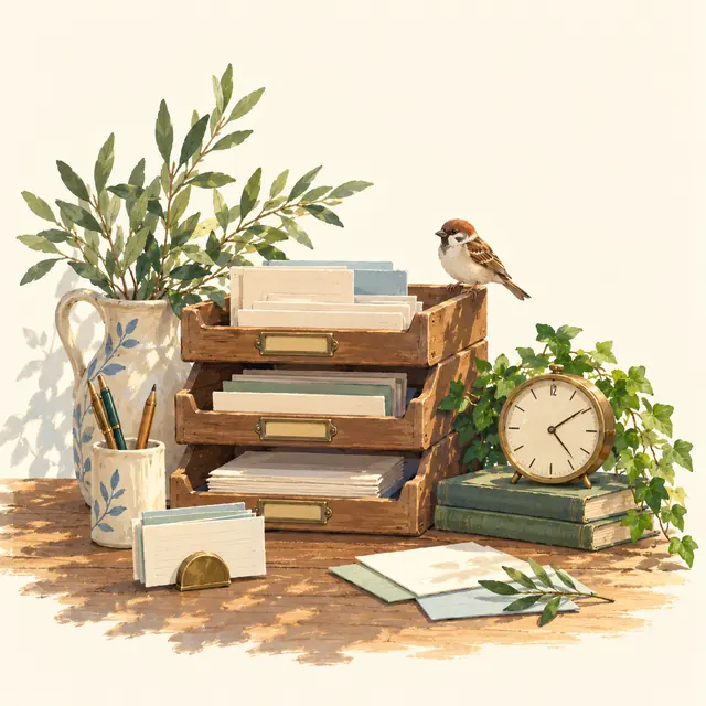 Wooden letter trays stacked with mail beside a brass clock and a perched sparrow.