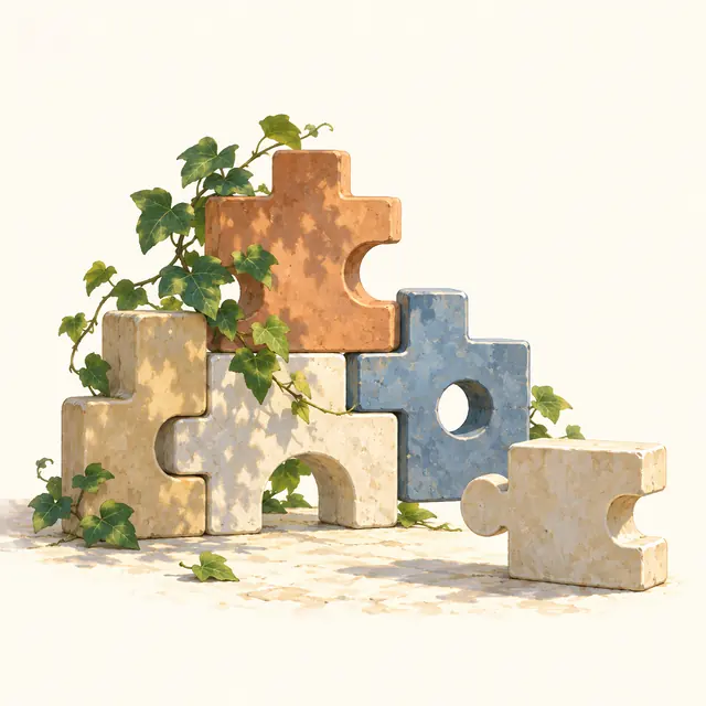 Stone puzzle blocks fitted together with ivy growing across them.