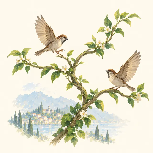 Two sparrows passing a letter between branches above a lake.