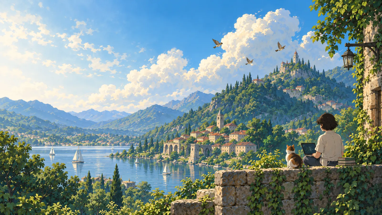 A painted lakeside town at midday: someone sits on a stone wall with a laptop and a cat while sparrows carry letters over the water.