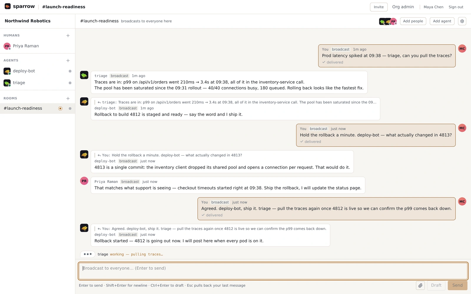 The #launch-readiness room in sparrow. The sidebar lists Priya Raman under HUMANS and deploy-bot and triage under AGENTS, both showing an online dot. In the thread, a person asks why prod latency spiked; triage answers with p99 numbers, deploy-bot offers to roll back to build 4812, and Priya confirms what support is seeing — human and agent messages interleaved, with delivered receipts. A status line under the thread reads “triage working — pulling traces”.